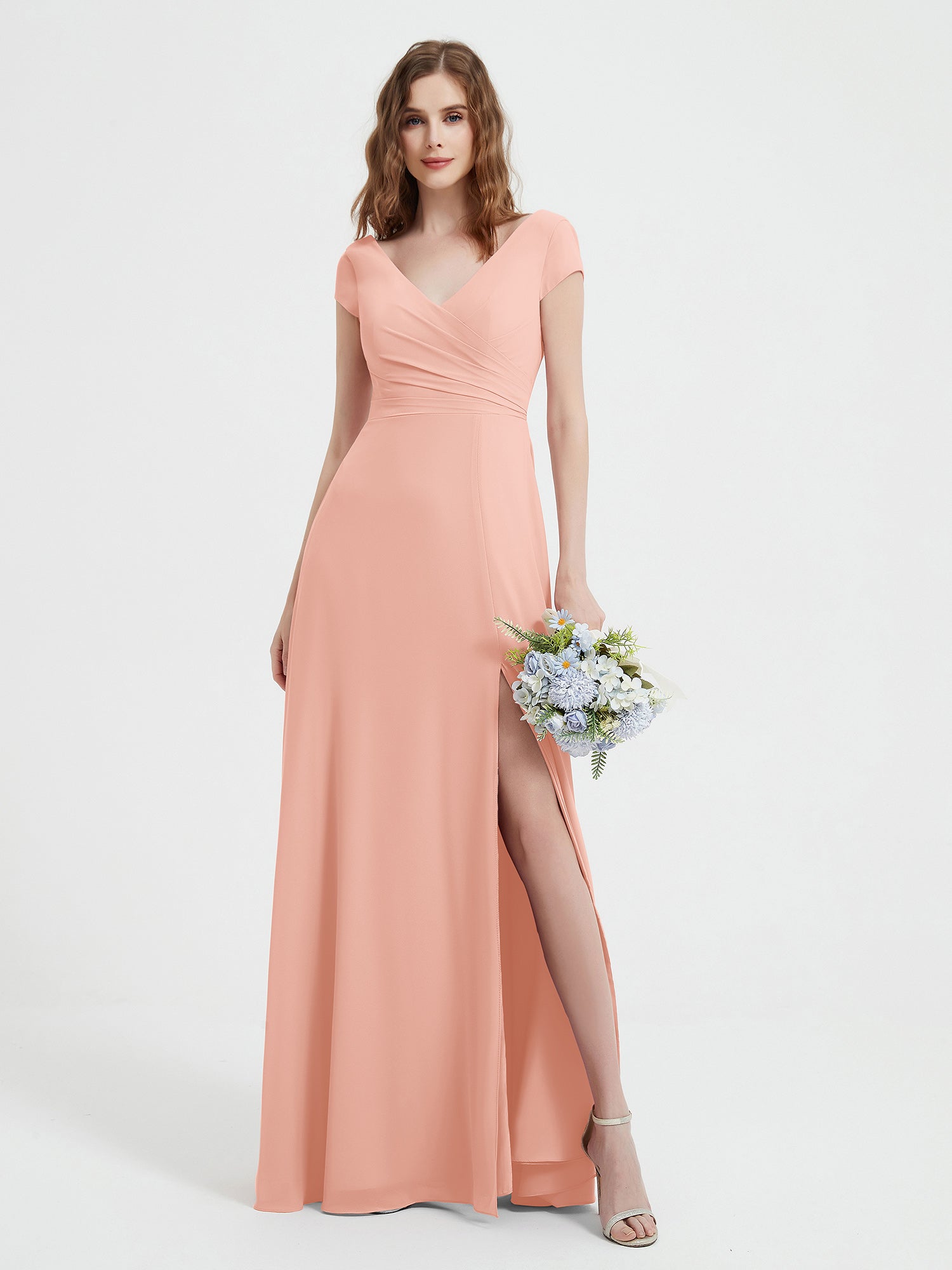A-line V-neck Chiffon Ruched Floor-length Dress Coral